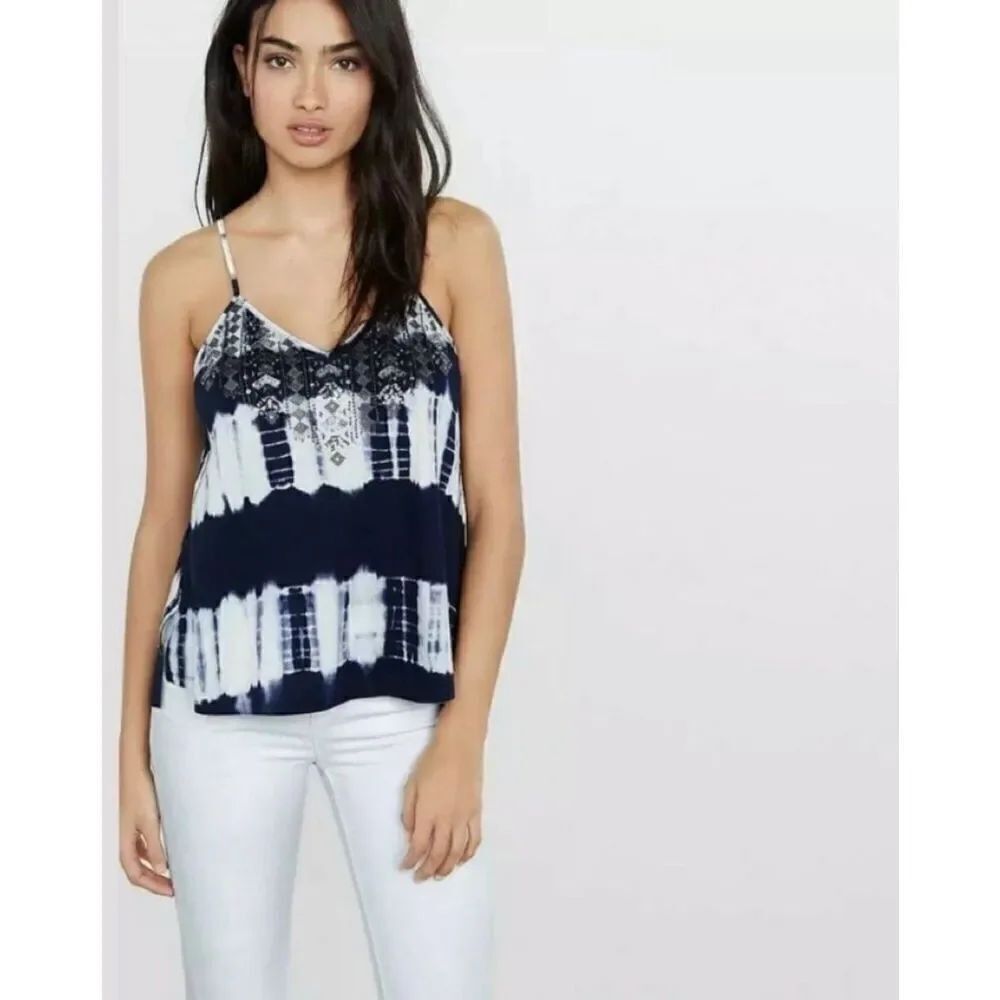 Womens Express Navy Blue Tie Dye Dip Sequin Embellished Tank Top - Sz S